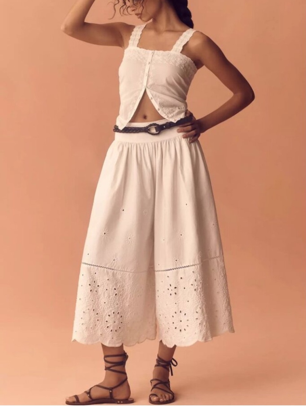 Anthropologie White Eyelet Wide-Leg Cropped Pants
